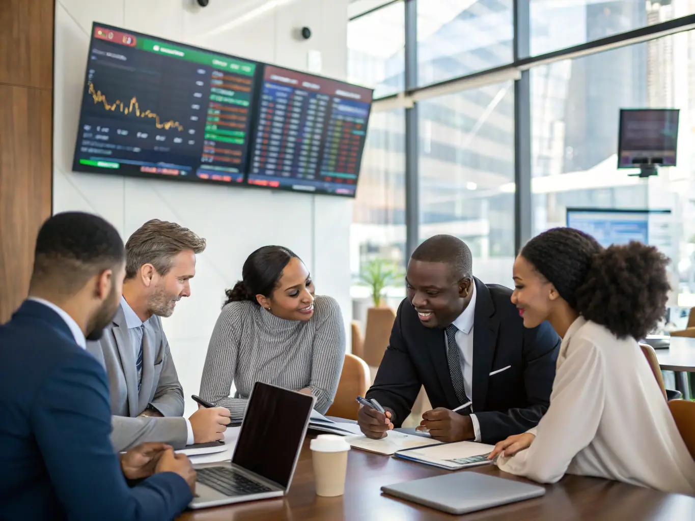 A diverse team of financial experts collaborating around a table, analyzing market trends and discussing funding strategies in a bright and collaborative workspace.