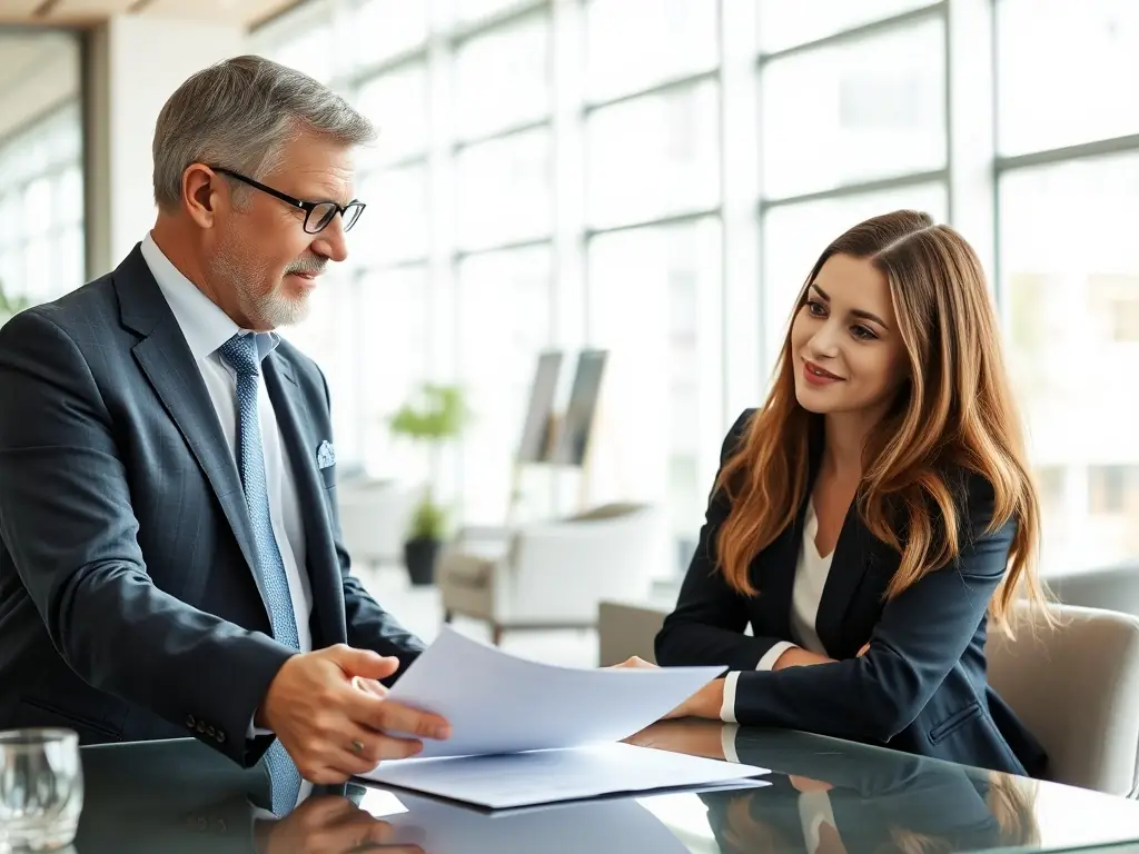 A professional financial advisor sitting at a desk, reviewing financial documents with a client in a modern office setting. The advisor is explaining funding options with a friendly and supportive demeanor.