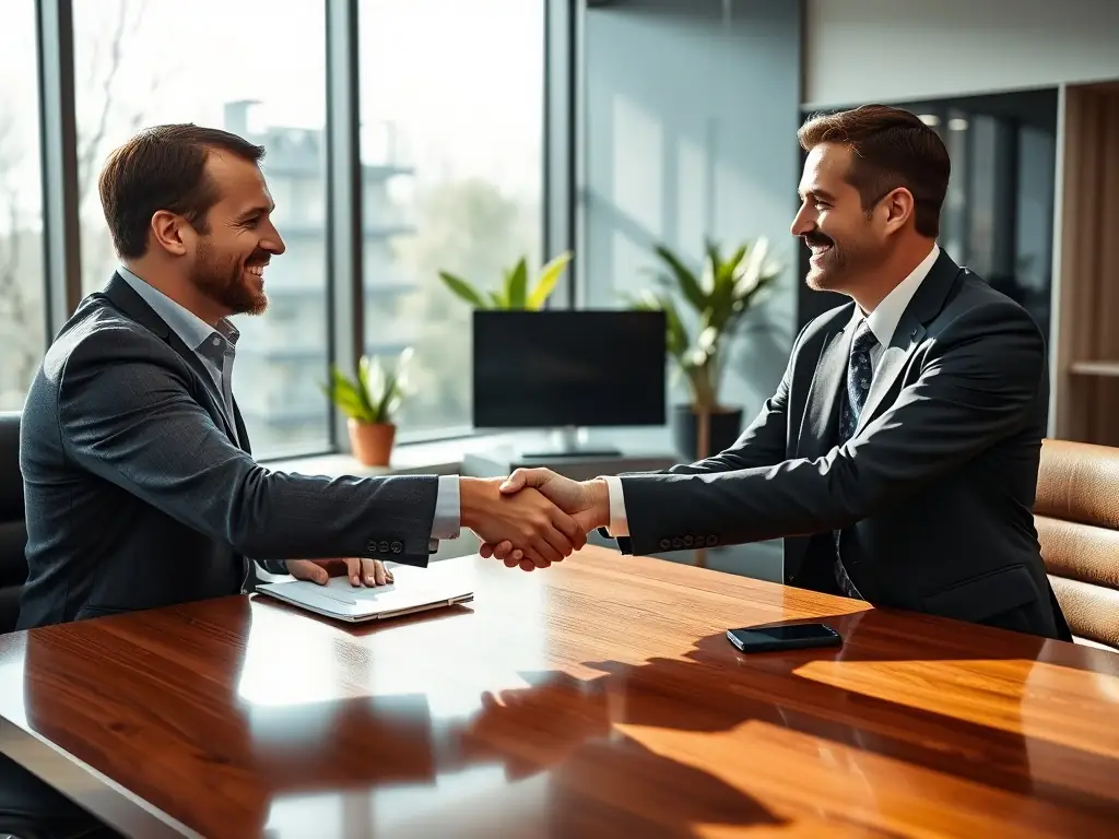 A client shaking hands with a financial advisor, symbolizing a successful funding partnership in front of a cityscape at sunset.