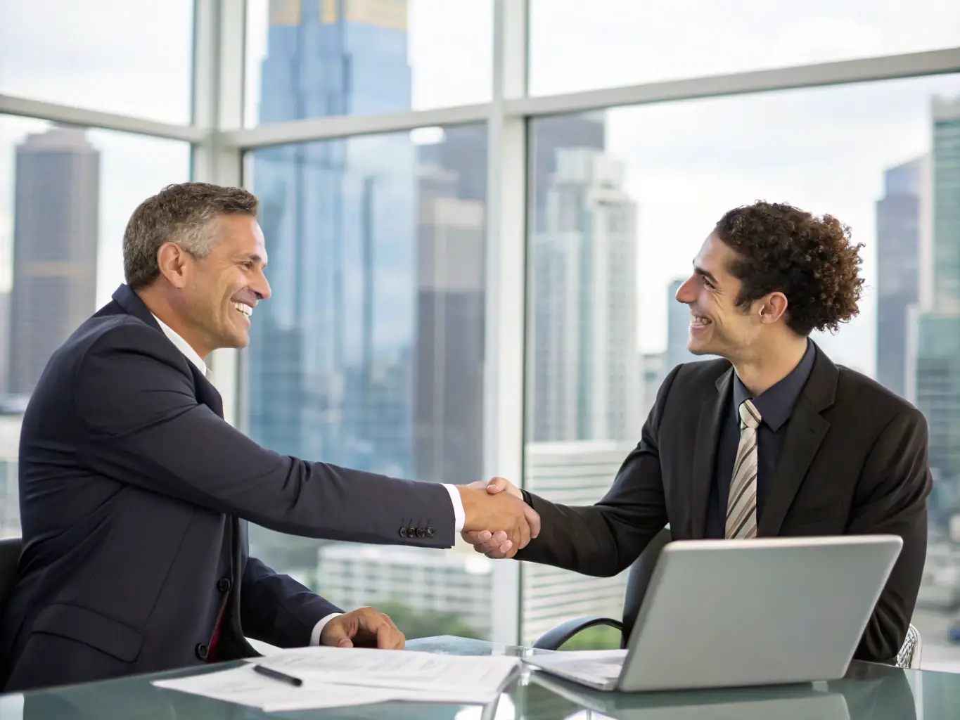 An image depicting a successful entrepreneur shaking hands with a financial advisor, symbolizing a successful funding partnership and business growth.